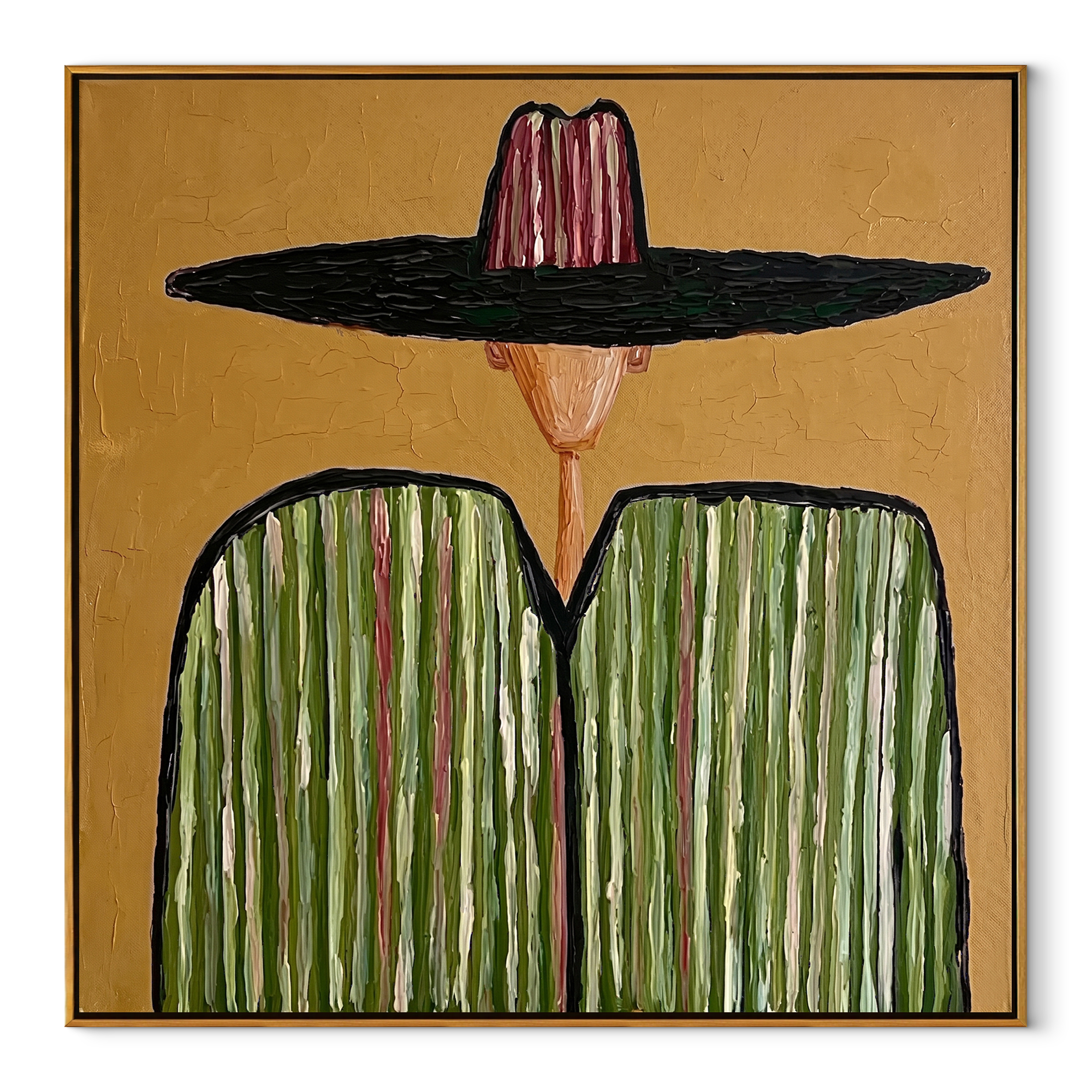 Pink Crown Meets Green - green striped sombrero painting by Elliot Vale, modern figurative square wall art - framed artwork on white background