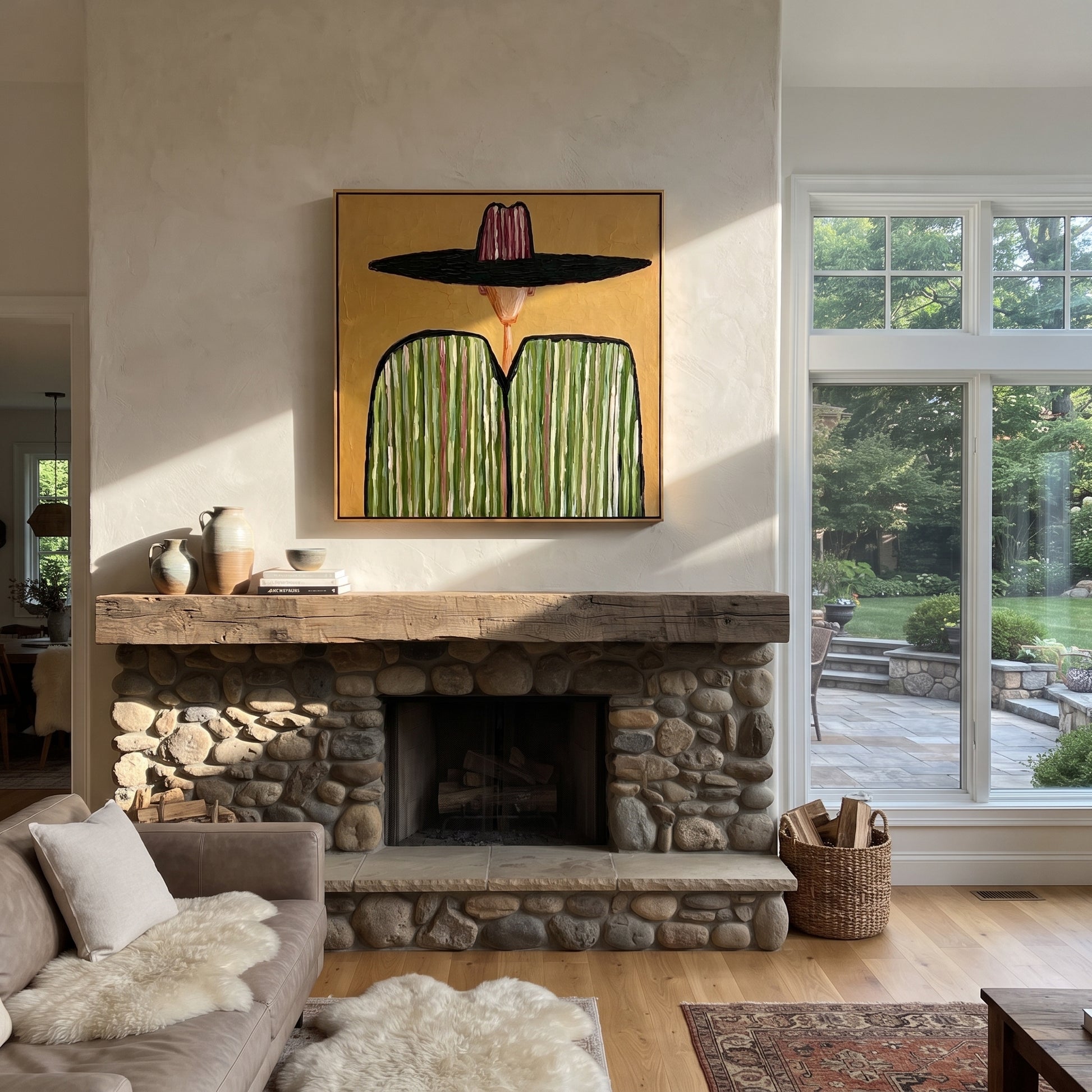 Pink Crown Meets Green - green striped sombrero painting by Elliot Vale, modern figurative square wall art - styled room scene view 2
