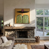Pink Crown Meets Green - green striped sombrero painting by Elliot Vale, modern figurative square wall art - styled room scene view 2