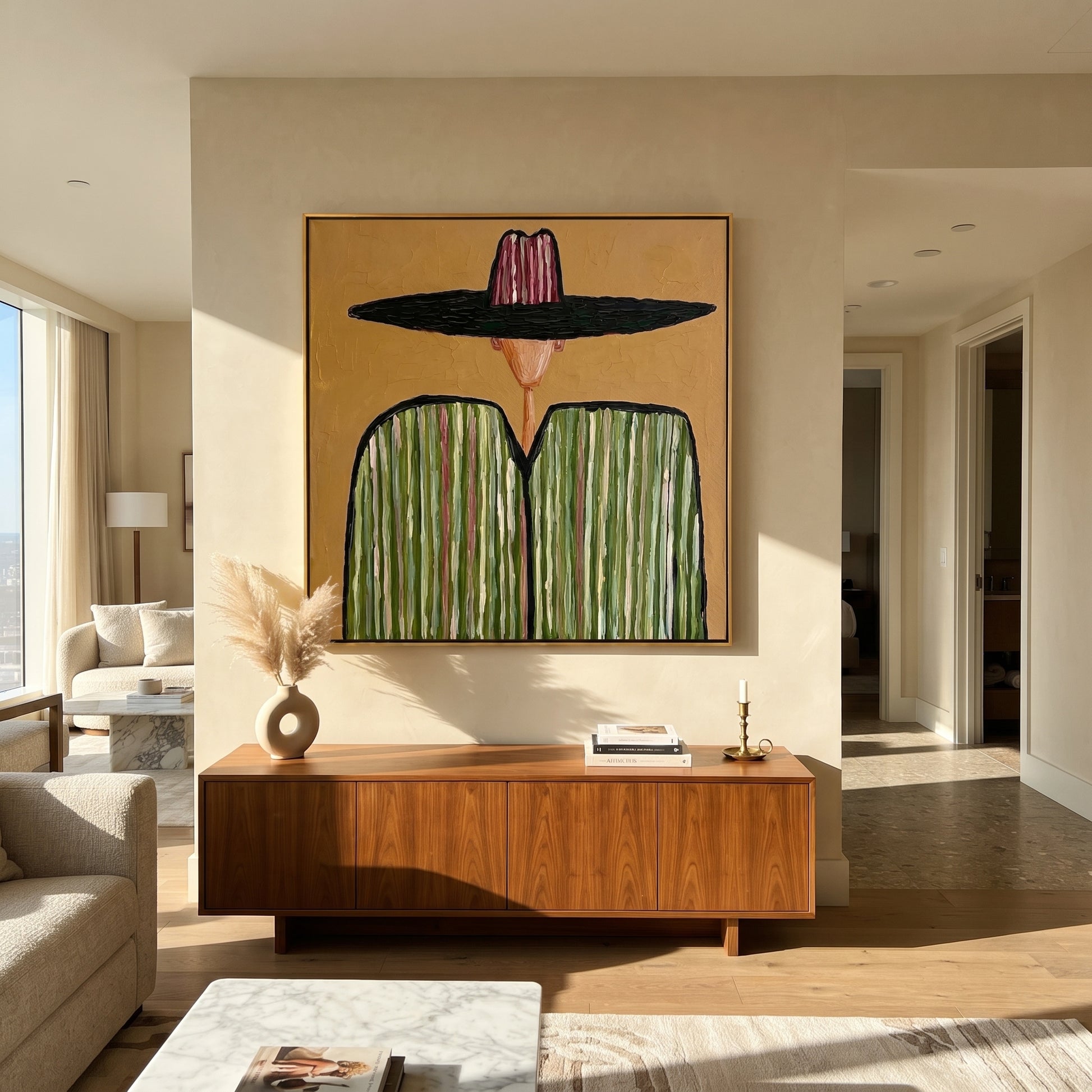 Pink Crown Meets Green - green striped sombrero painting by Elliot Vale, modern figurative square wall art - styled room scene view 3
