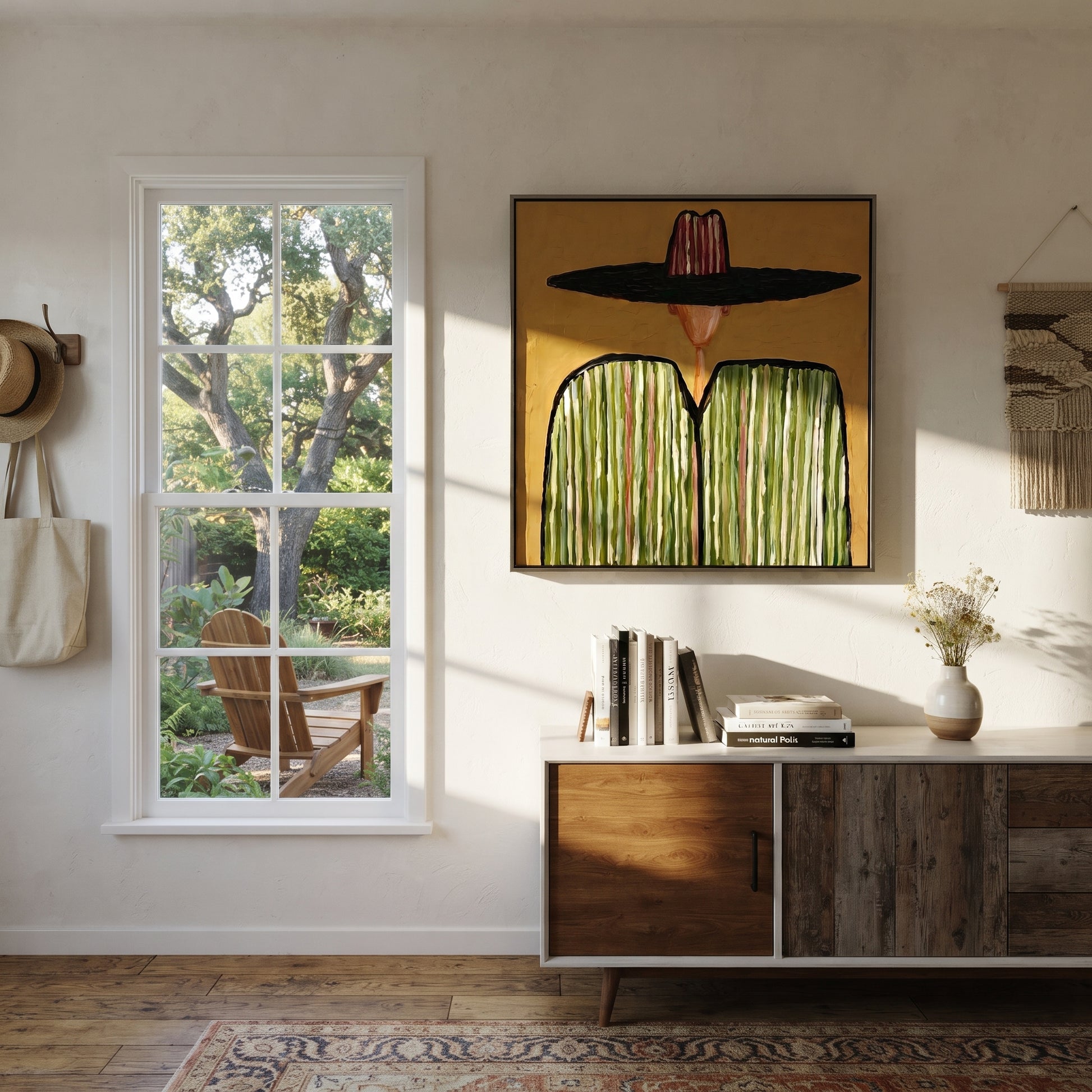 Pink Crown Meets Green - green striped sombrero painting by Elliot Vale, modern figurative square wall art - styled room scene view 5