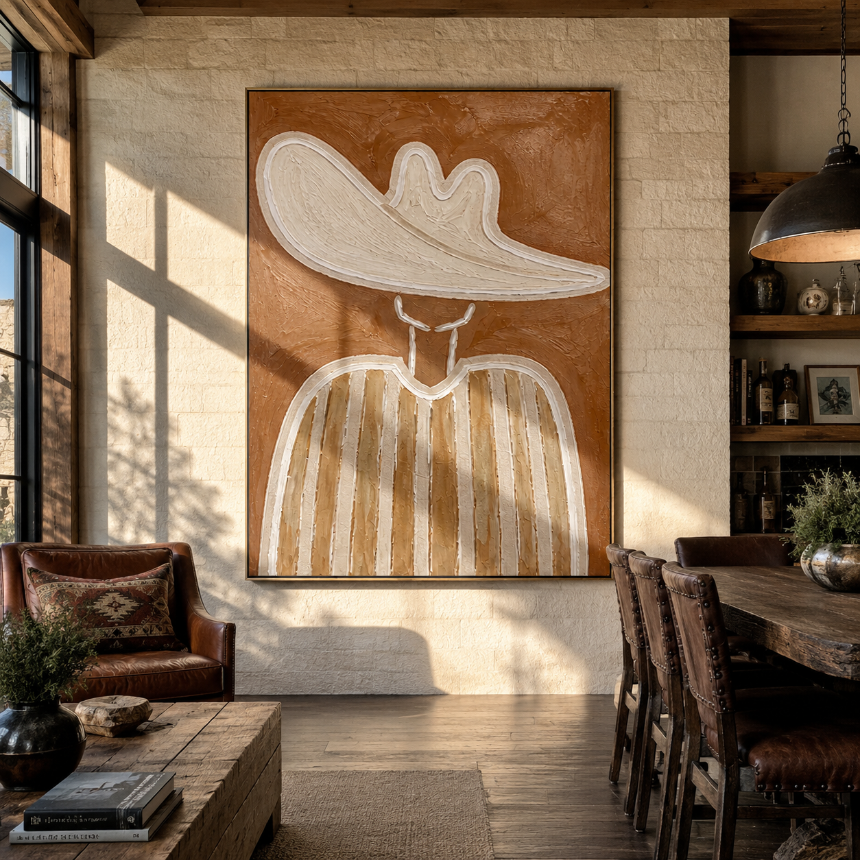 White Wave Tilts Earthward - white hat earth tone painting by Elliot Vale, modern figurative vertical wall art - styled room scene view 1