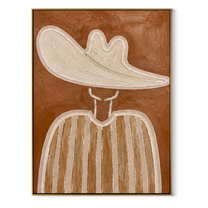 White Wave Tilts Earthward - white hat earth tone painting by Elliot Vale, modern figurative vertical wall art - framed artwork on white background