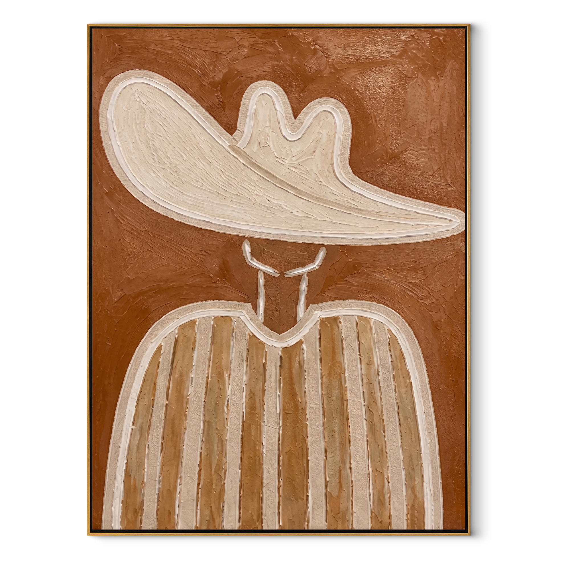 White Wave Tilts Earthward - white hat earth tone painting by Elliot Vale, modern figurative vertical wall art - framed artwork on white background