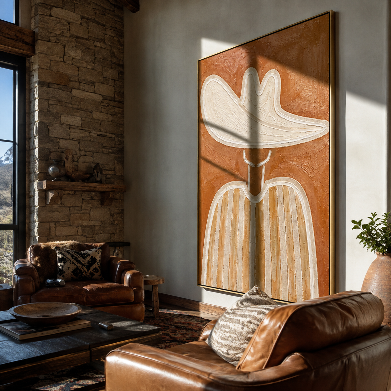 White Wave Tilts Earthward - white hat earth tone painting by Elliot Vale, modern figurative vertical wall art - styled room scene view 2