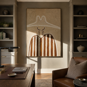 Twin Peaks Shelter Stripes - sculptural white hat painting by Elliot Vale, modern figurative vertical wall art - styled room scene view 1