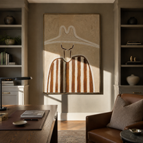 Twin Peaks Shelter Stripes - sculptural white hat painting by Elliot Vale, modern figurative vertical wall art - styled room scene view 1