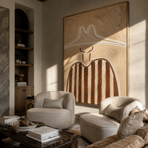 Twin Peaks Shelter Stripes - sculptural white hat painting by Elliot Vale, modern figurative vertical wall art - styled room scene view 2