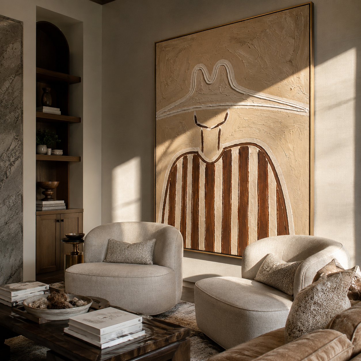 Twin Peaks Shelter Stripes - sculptural white hat painting by Elliot Vale, modern figurative vertical wall art - styled room scene view 2