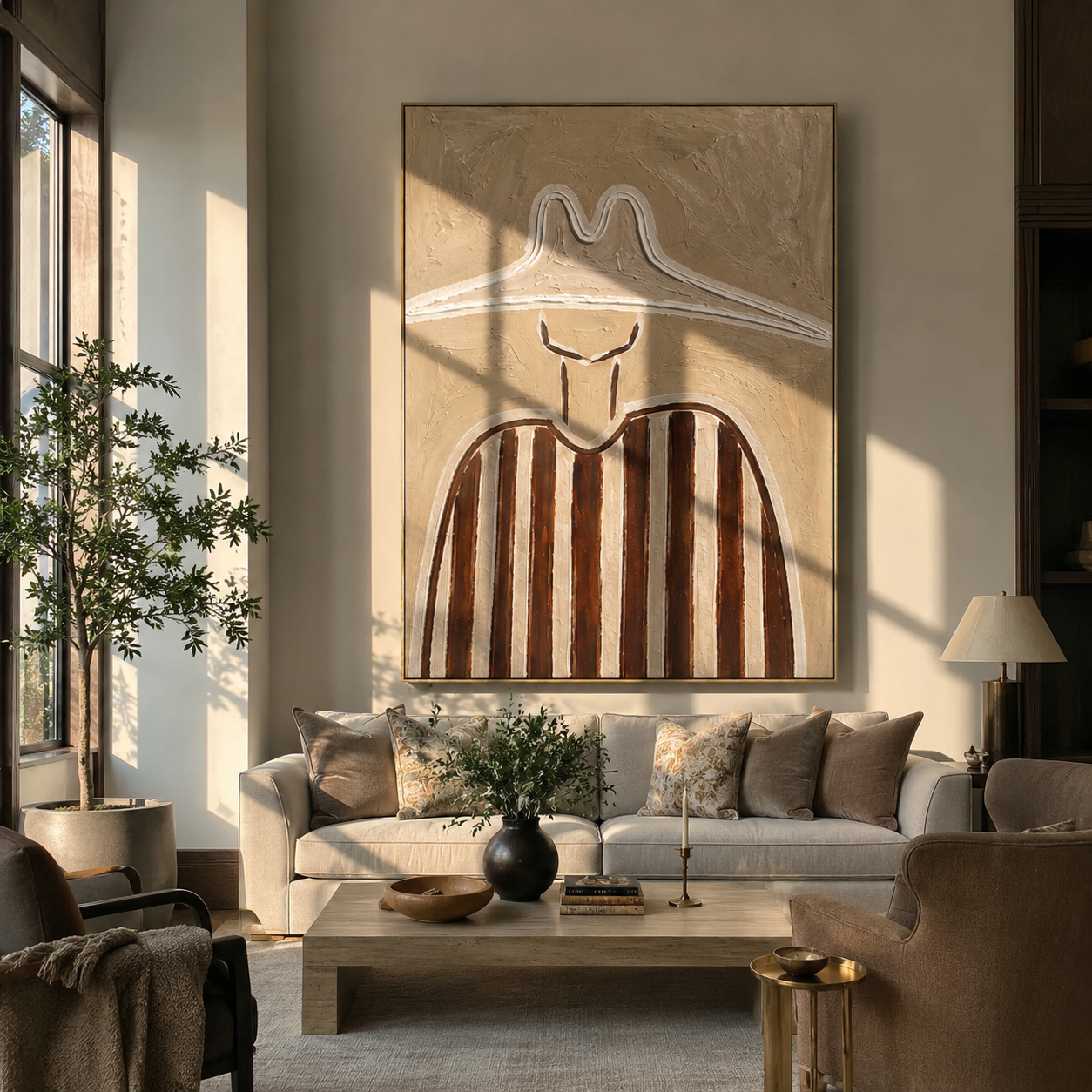 Twin Peaks Shelter Stripes - sculptural white hat painting by Elliot Vale, modern figurative vertical wall art - styled room scene view 5