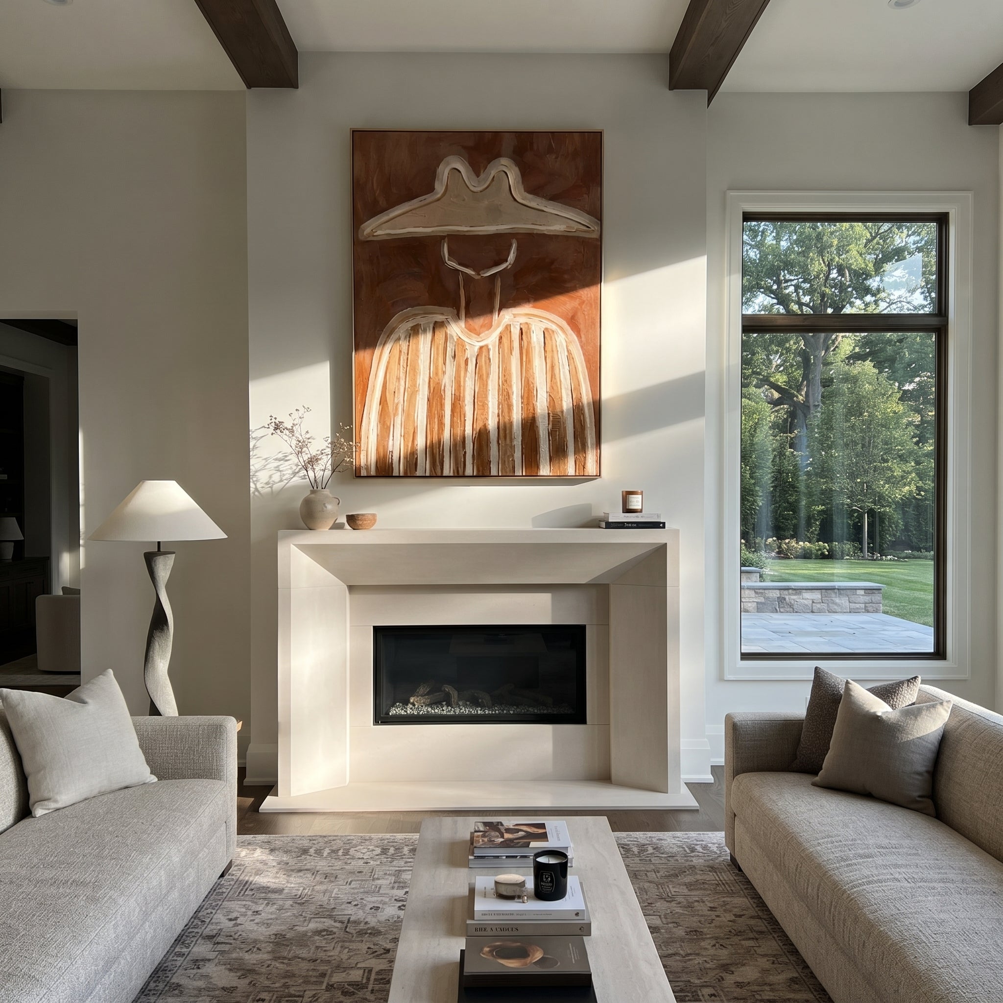 Pale Brim Crosses Clay - clay striped cowboy figure painting by Elliot Vale, modern figurative vertical wall art - styled room scene view 1
