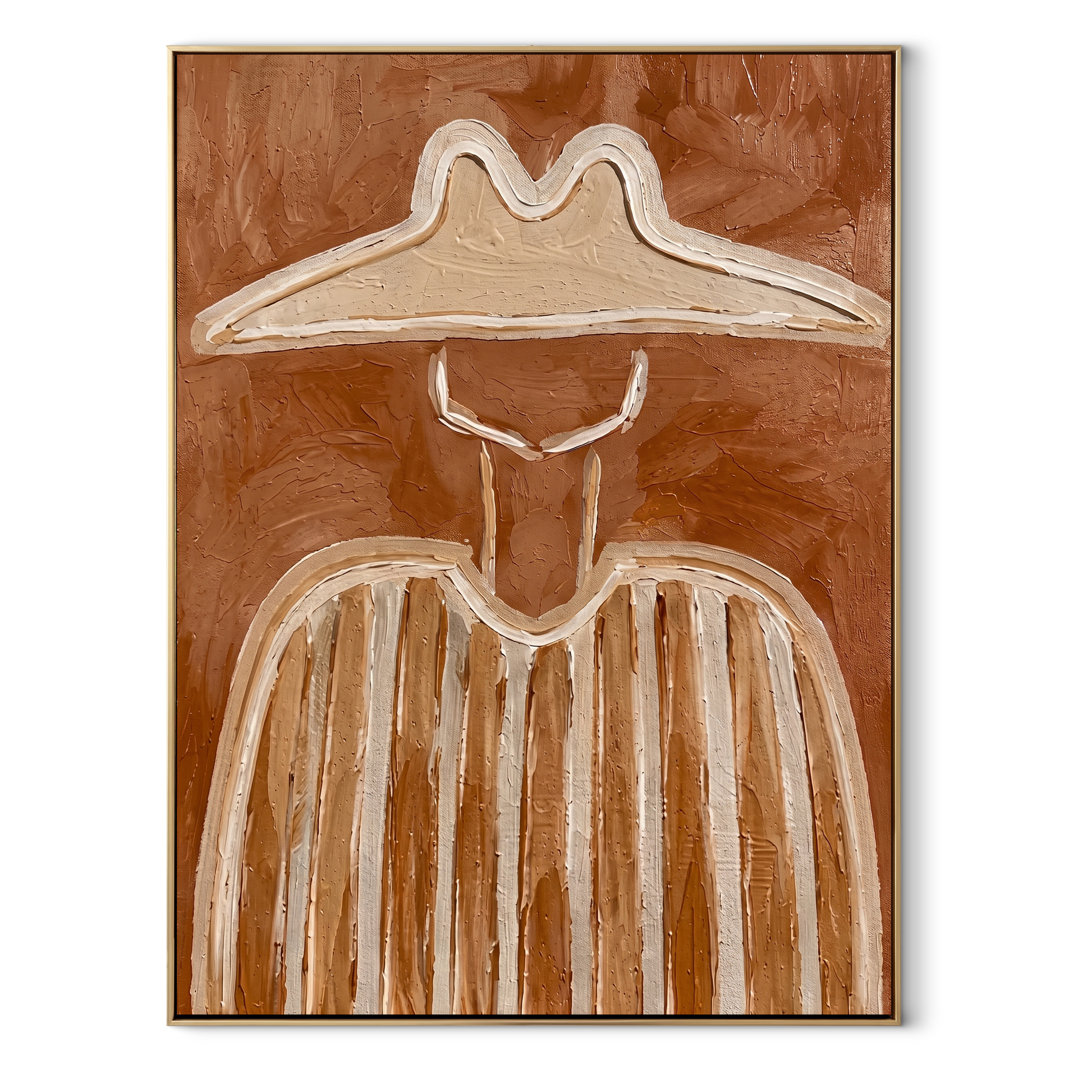 Pale Brim Crosses Clay - clay striped cowboy figure painting by Elliot Vale, modern figurative vertical wall art - framed artwork on white background