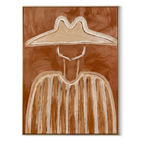 Pale Brim Crosses Clay - clay striped cowboy figure painting by Elliot Vale, modern figurative vertical wall art - framed artwork on white background
