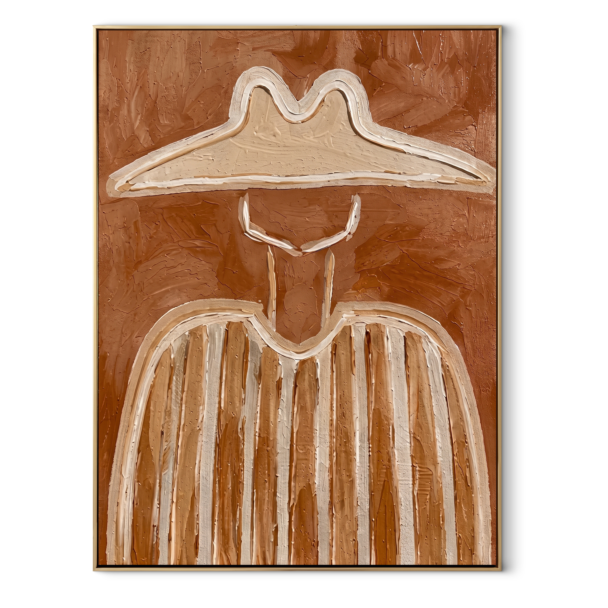 Pale Brim Crosses Clay - clay striped cowboy figure painting by Elliot Vale, modern figurative vertical wall art - framed artwork on white background