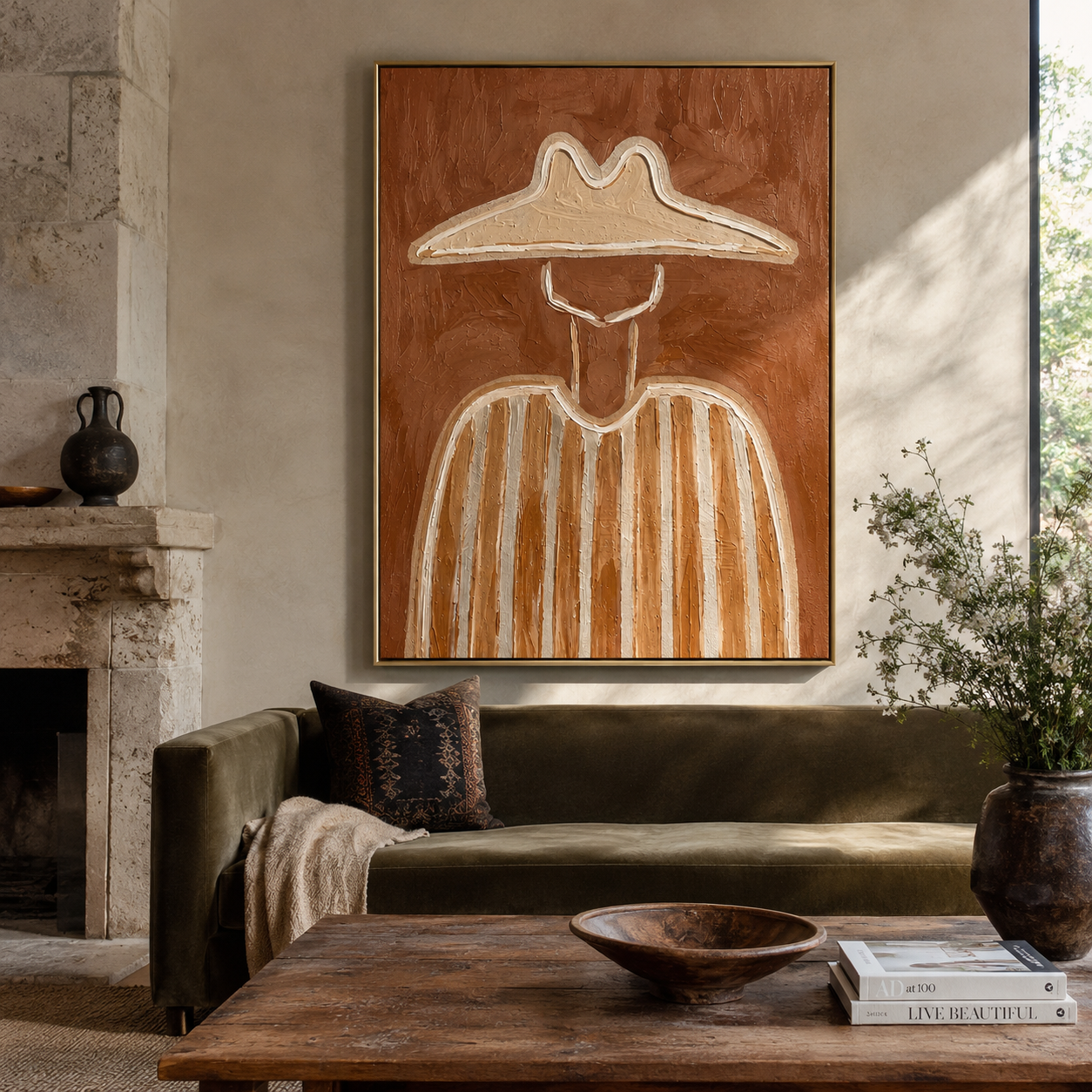 Pale Brim Crosses Clay - clay striped cowboy figure painting by Elliot Vale, modern figurative vertical wall art - styled room scene view 2