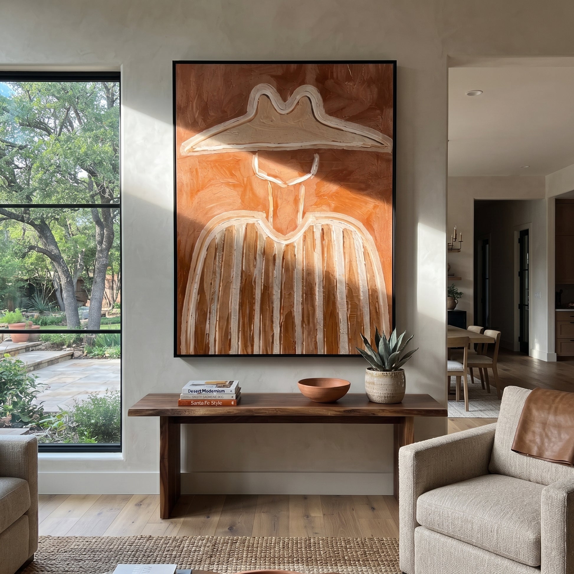 Pale Brim Crosses Clay - clay striped cowboy figure painting by Elliot Vale, modern figurative vertical wall art - styled room scene view 3