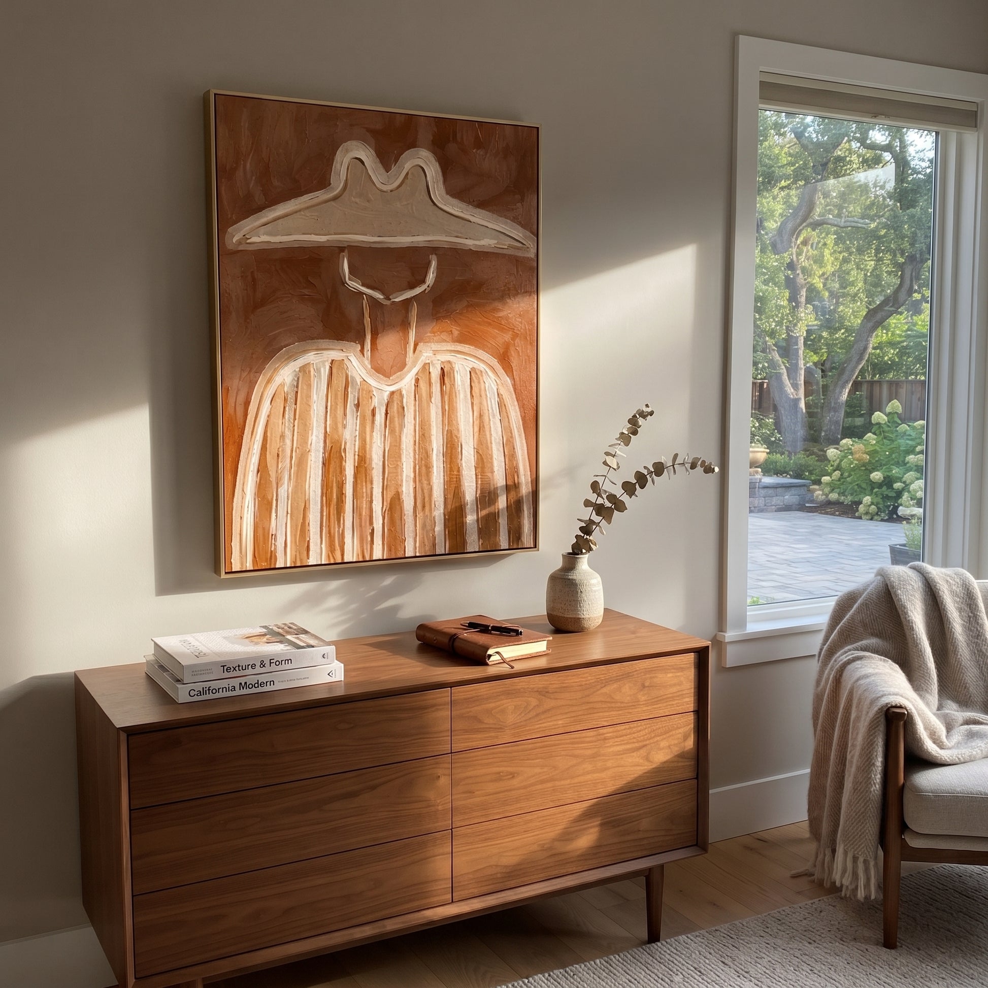 Pale Brim Crosses Clay - clay striped cowboy figure painting by Elliot Vale, modern figurative vertical wall art - styled room scene view 4