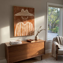 Pale Brim Crosses Clay - clay striped cowboy figure painting by Elliot Vale, modern figurative vertical wall art - styled room scene view 4