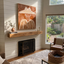 Pale Brim Crosses Clay - clay striped cowboy figure painting by Elliot Vale, modern figurative vertical wall art - styled room scene view 5