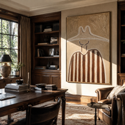 Chalk Peaks Guard Umber - neutral striped hat figure painting by Elliot Vale, modern figurative vertical wall art - styled room scene view 1