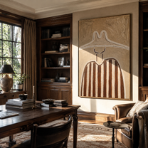 Chalk Peaks Guard Umber - neutral striped hat figure painting by Elliot Vale, modern figurative vertical wall art - styled room scene view 1