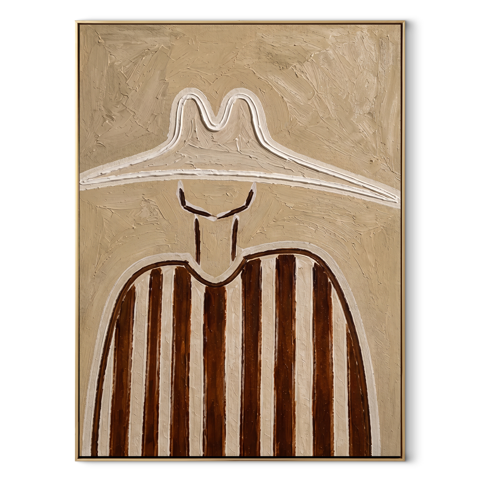 Chalk Peaks Guard Umber - neutral striped hat figure painting by Elliot Vale, modern figurative vertical wall art - framed artwork on white background
