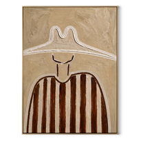 Chalk Peaks Guard Umber - neutral striped hat figure painting by Elliot Vale, modern figurative vertical wall art - framed artwork on white background