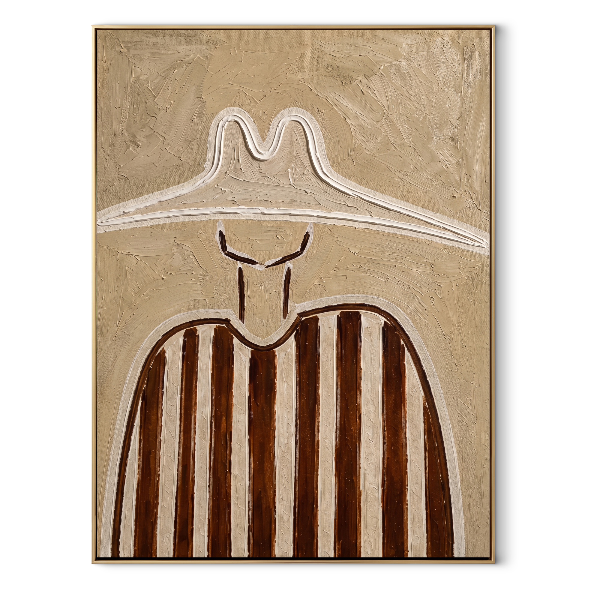 Chalk Peaks Guard Umber - neutral striped hat figure painting by Elliot Vale, modern figurative vertical wall art - framed artwork on white background