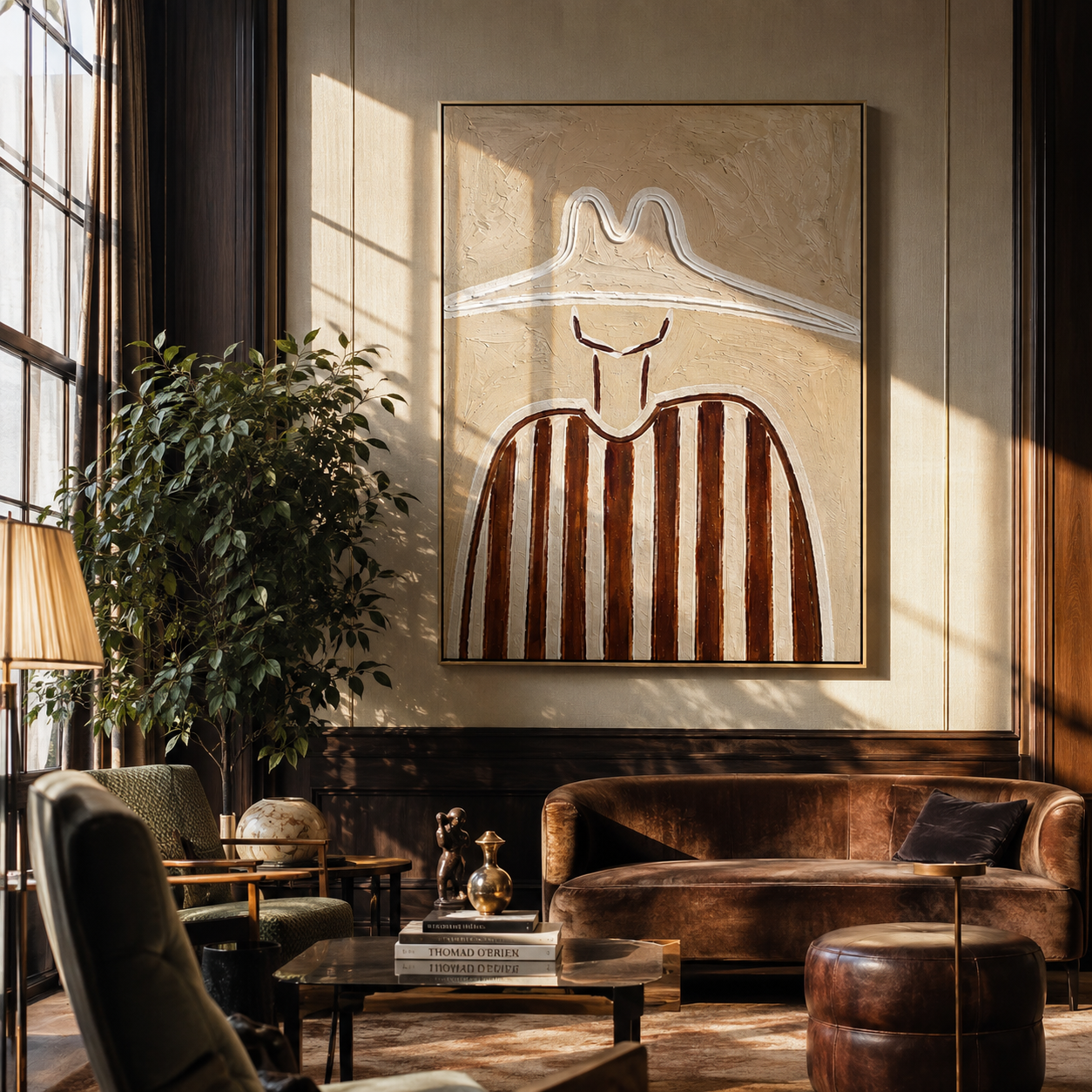 Chalk Peaks Guard Umber - neutral striped hat figure painting by Elliot Vale, modern figurative vertical wall art - styled room scene view 2