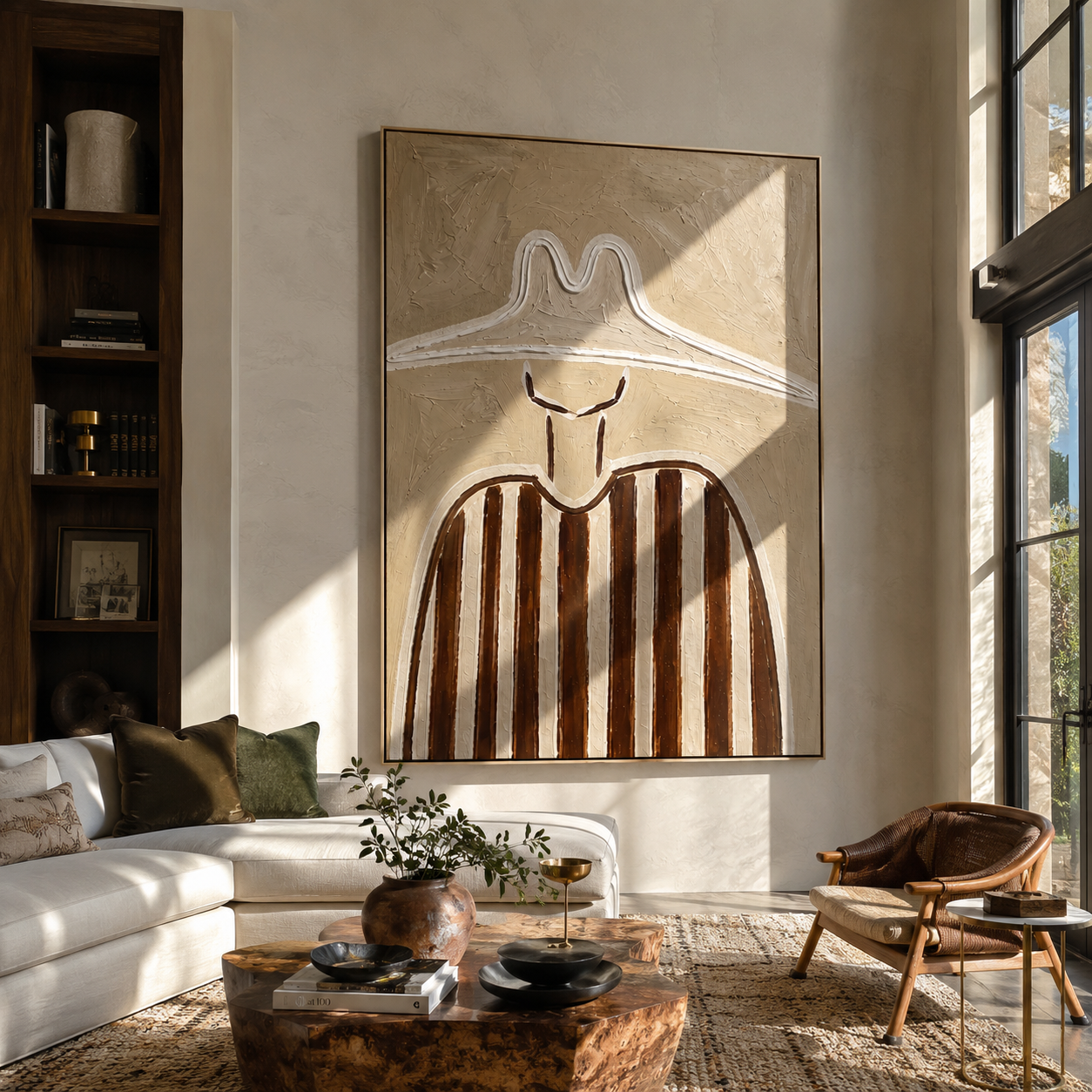 Chalk Peaks Guard Umber - neutral striped hat figure painting by Elliot Vale, modern figurative vertical wall art - styled room scene view 3