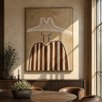 Chalk Peaks Guard Umber - neutral striped hat figure painting by Elliot Vale, modern figurative vertical wall art - styled room scene view 5