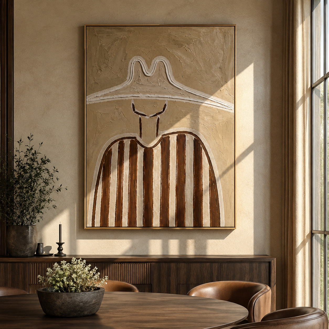 Chalk Peaks Guard Umber - neutral striped hat figure painting by Elliot Vale, modern figurative vertical wall art - styled room scene view 5