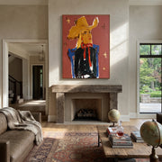 Golden Cowgirl Counts Stars - golden hat cowgirl portrait painting by Elliot Vale, modern figurative vertical wall art - styled room scene view 1