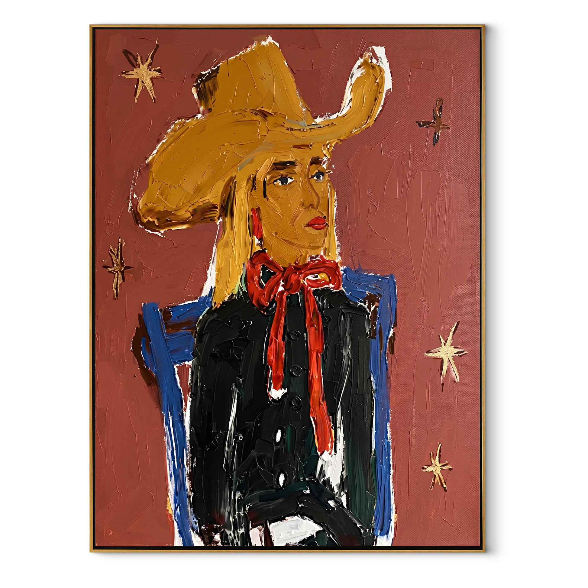 Golden Cowgirl Counts Stars - golden hat cowgirl portrait painting by Elliot Vale, modern figurative vertical wall art - framed artwork on white background