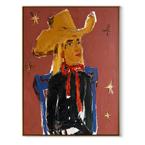Golden Cowgirl Counts Stars - golden hat cowgirl portrait painting by Elliot Vale, modern figurative vertical wall art - framed artwork on white background