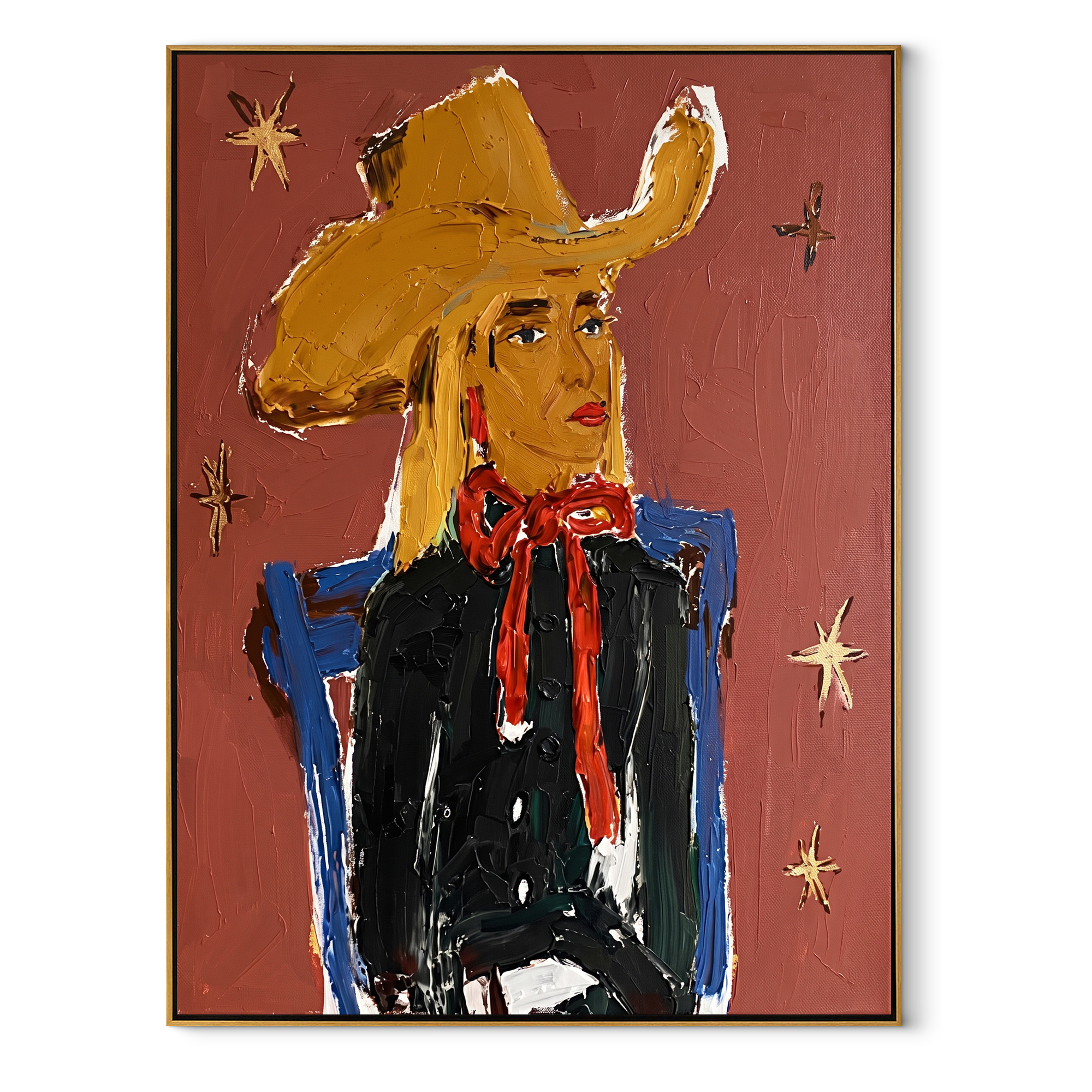 Golden Cowgirl Counts Stars - golden hat cowgirl portrait painting by Elliot Vale, modern figurative vertical wall art - framed artwork on white background