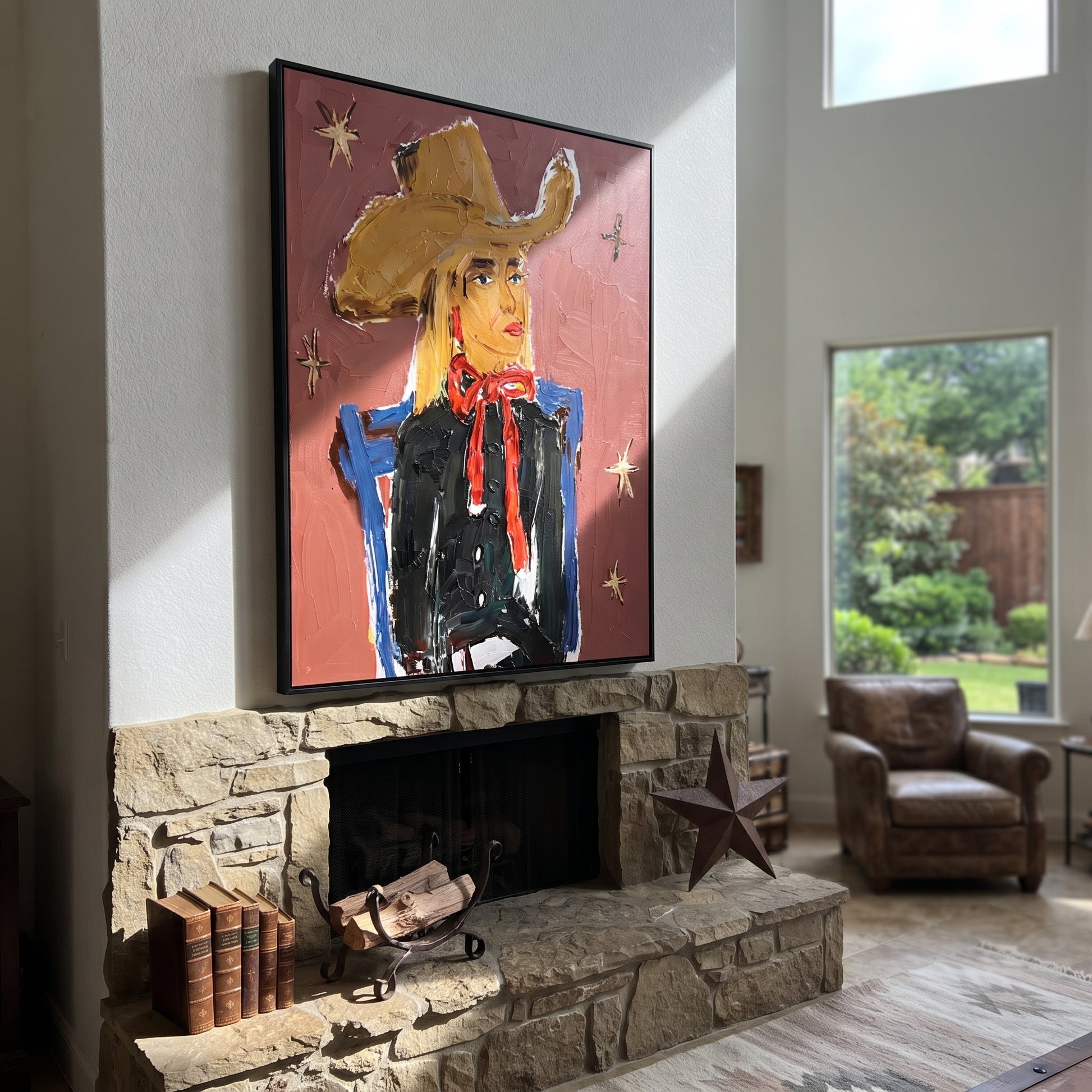 Golden Cowgirl Counts Stars - golden hat cowgirl portrait painting by Elliot Vale, modern figurative vertical wall art - styled room scene view 2