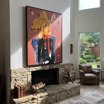 Golden Cowgirl Counts Stars - golden hat cowgirl portrait painting by Elliot Vale, modern figurative vertical wall art - styled room scene view 2