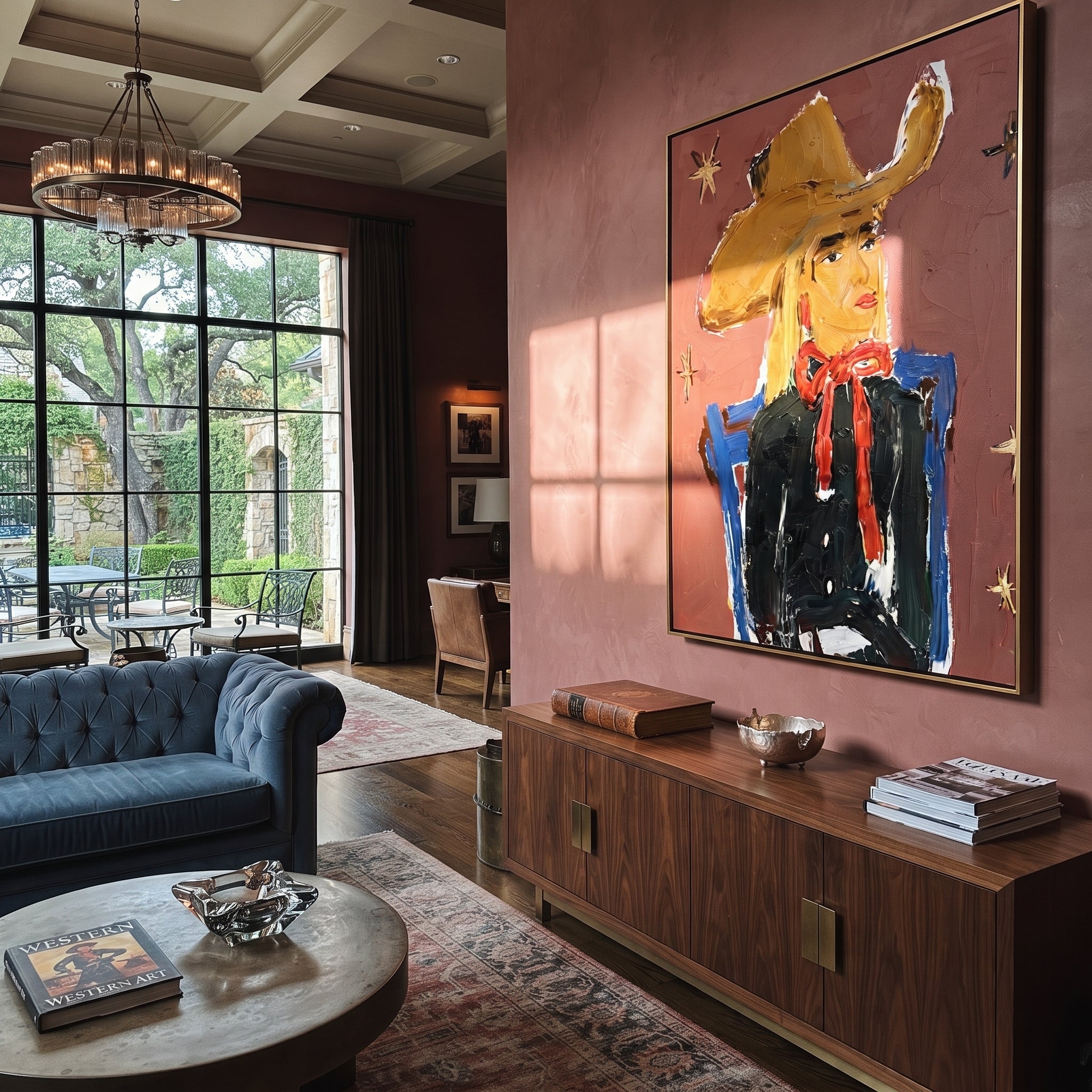 Golden Cowgirl Counts Stars - golden hat cowgirl portrait painting by Elliot Vale, modern figurative vertical wall art - styled room scene view 3