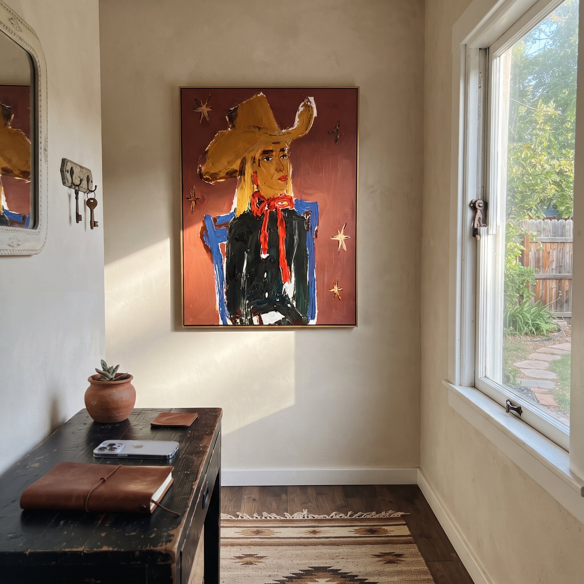 Golden Cowgirl Counts Stars - golden hat cowgirl portrait painting by Elliot Vale, modern figurative vertical wall art - styled room scene view 4