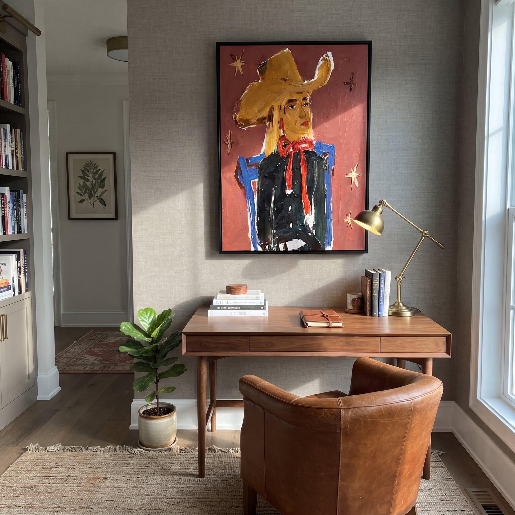Golden Cowgirl Counts Stars - golden hat cowgirl portrait painting by Elliot Vale, modern figurative vertical wall art - styled room scene view 5