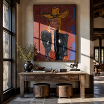 Star Sleeve Holds Thought - contemplative cowgirl portrait painting by Elliot Vale, modern figurative vertical wall art - styled room scene view 1
