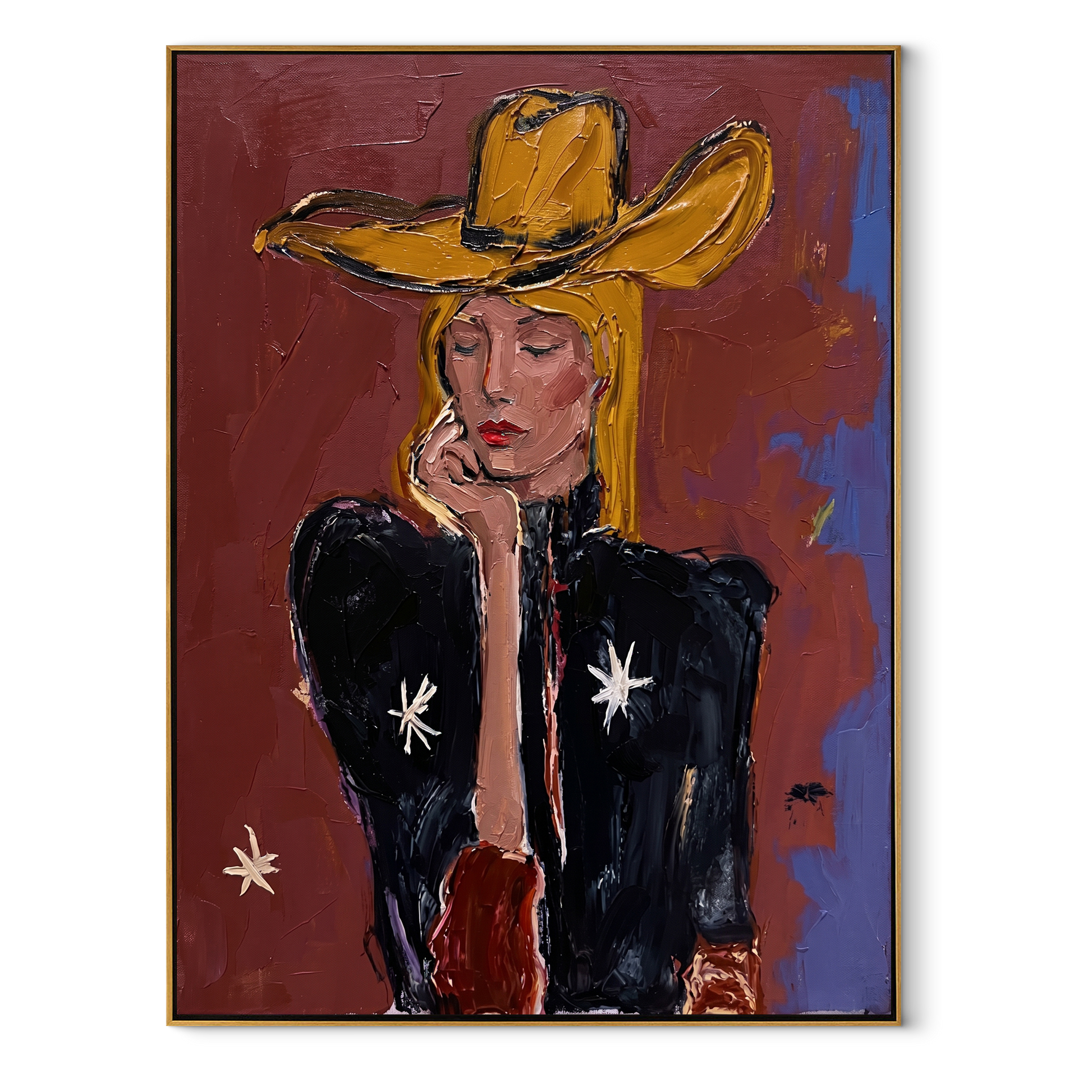 Star Sleeve Holds Thought - contemplative cowgirl portrait painting by Elliot Vale, modern figurative vertical wall art - framed artwork on white background