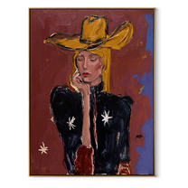 Star Sleeve Holds Thought - contemplative cowgirl portrait painting by Elliot Vale, modern figurative vertical wall art - framed artwork on white background