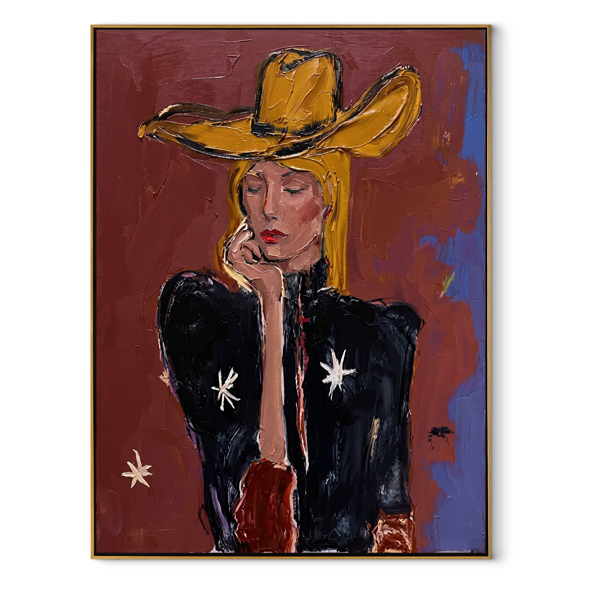 Star Sleeve Holds Thought - contemplative cowgirl portrait painting by Elliot Vale, modern figurative vertical wall art - framed artwork on white background