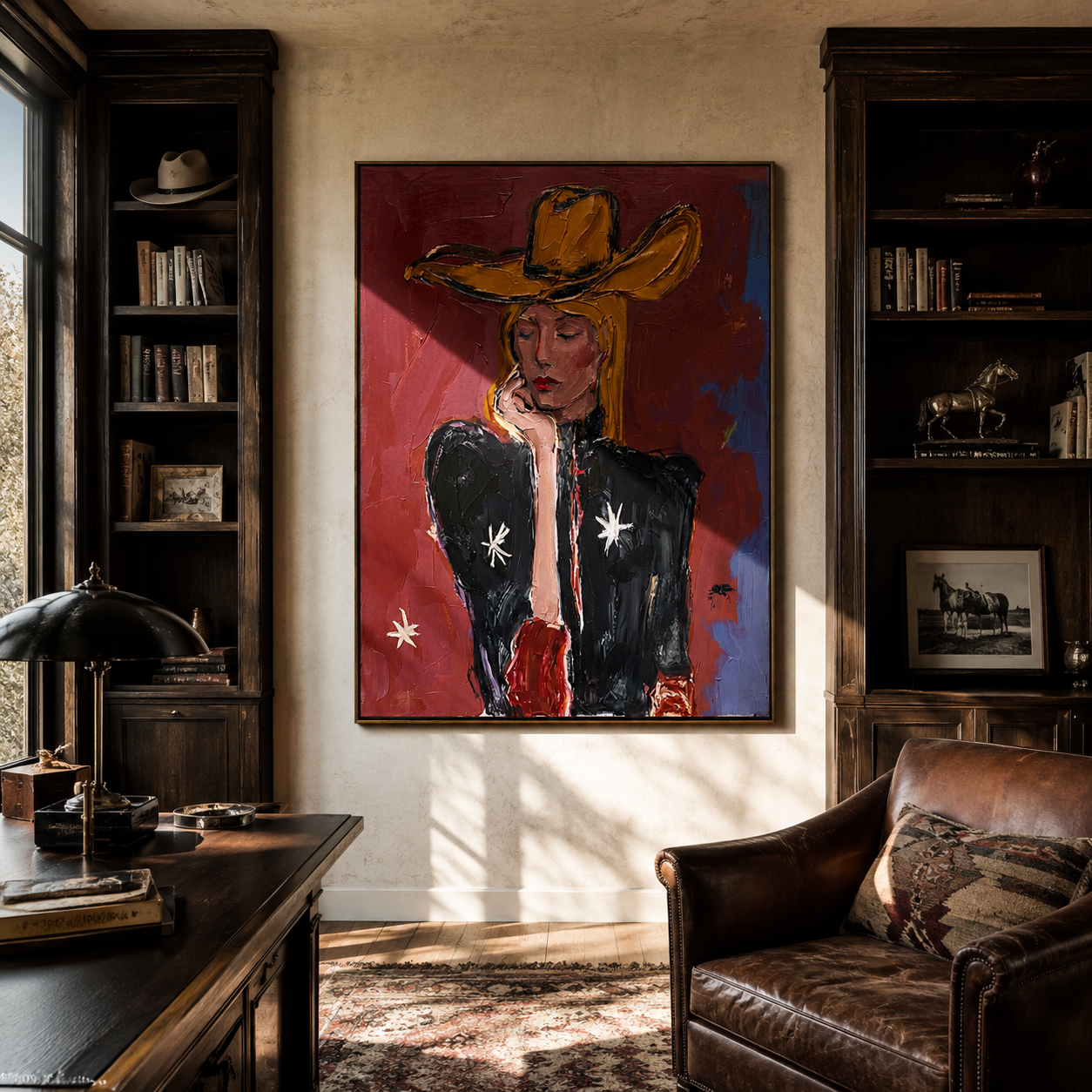 Star Sleeve Holds Thought - contemplative cowgirl portrait painting by Elliot Vale, modern figurative vertical wall art - styled room scene view 2
