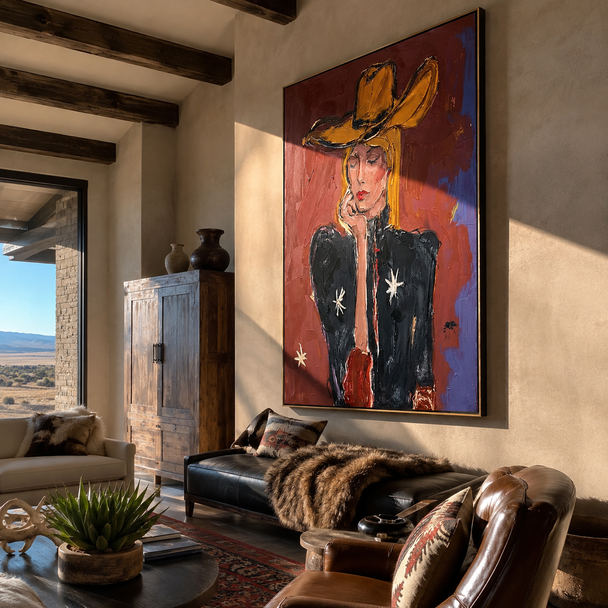Star Sleeve Holds Thought - contemplative cowgirl portrait painting by Elliot Vale, modern figurative vertical wall art - styled room scene view 3