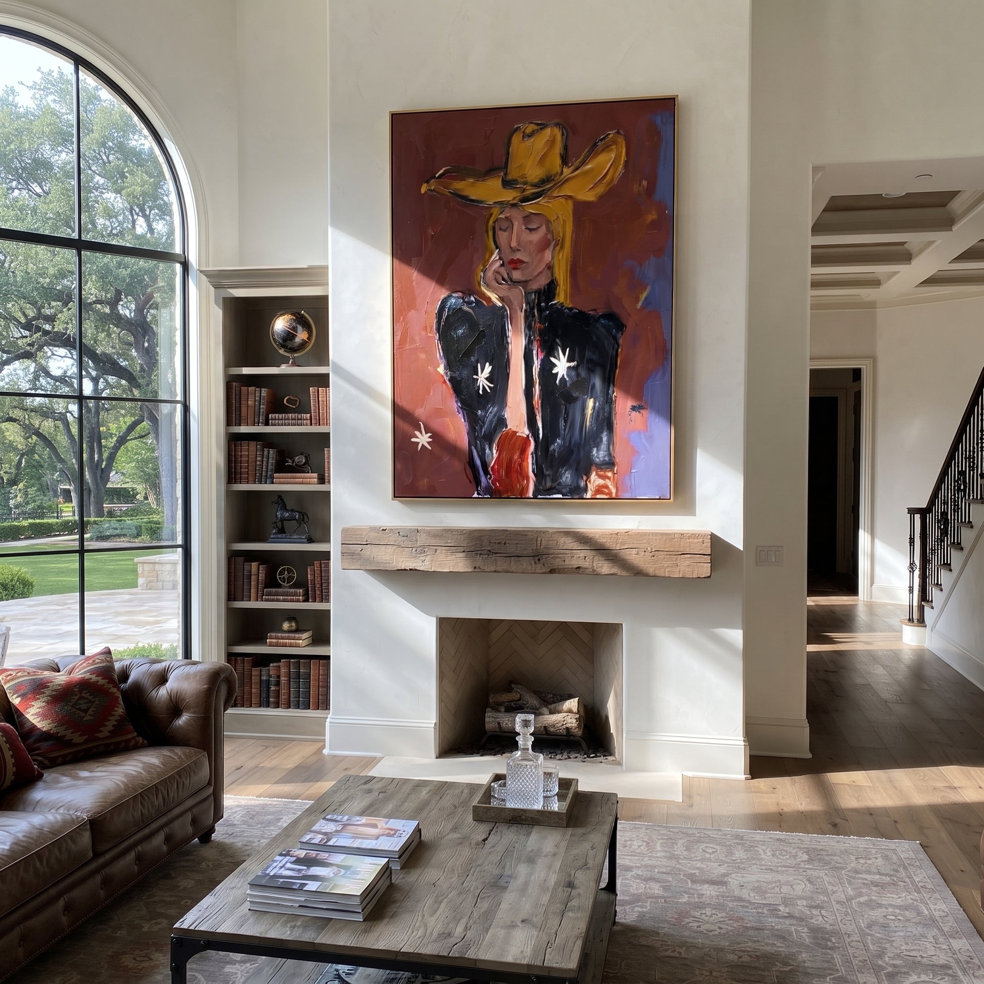 Star Sleeve Holds Thought - contemplative cowgirl portrait painting by Elliot Vale, modern figurative vertical wall art - styled room scene view 4