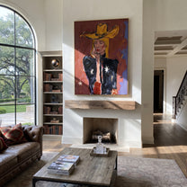 Star Sleeve Holds Thought - contemplative cowgirl portrait painting by Elliot Vale, modern figurative vertical wall art - styled room scene view 4