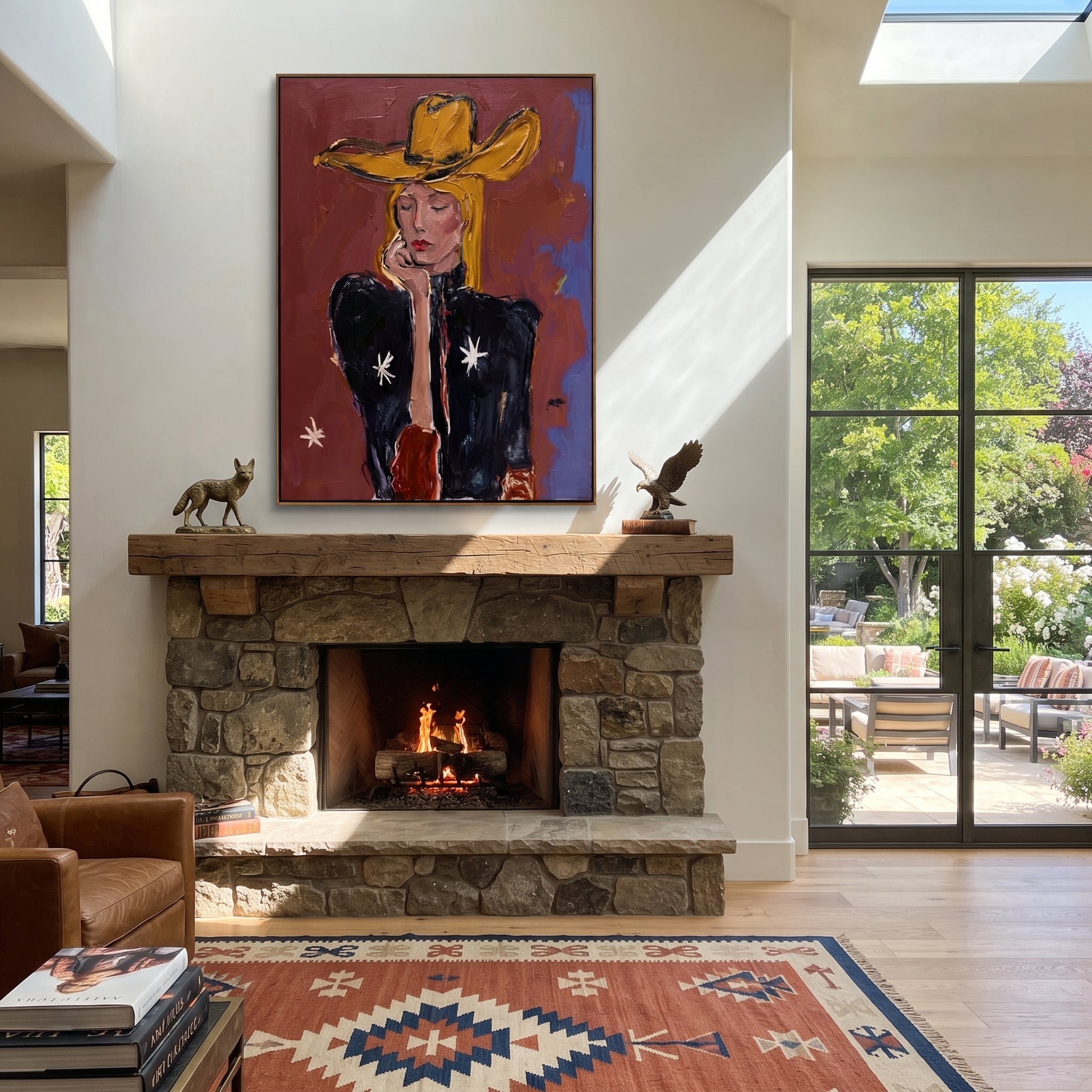 Star Sleeve Holds Thought - contemplative cowgirl portrait painting by Elliot Vale, modern figurative vertical wall art - styled room scene view 5